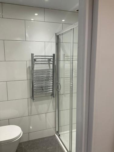 uma casa de banho com um WC e uma cabina de duche em vidro. em Athol House em South Shields