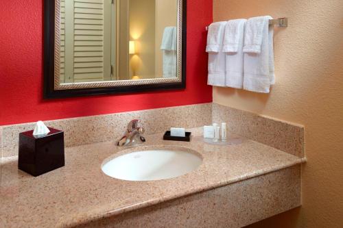 a bathroom with a sink and a mirror at Courtyard by Marriott Columbus in Columbus