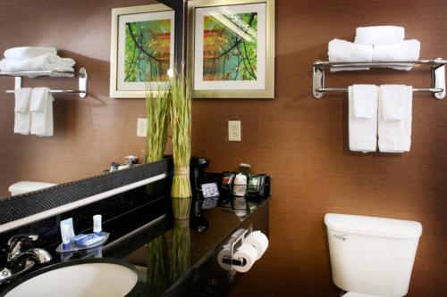 a bathroom with a toilet and a sink and towels at Fairfield Inn and Suites by Marriott Cincinnati Eastgate in Eastgate