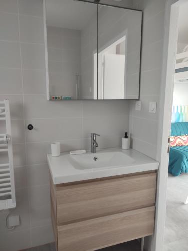 une salle de bain blanche avec un lavabo et un miroir dans l'établissement Studio meublé lumineux au coeur du bocage vendéen, à Saint-Fulgent