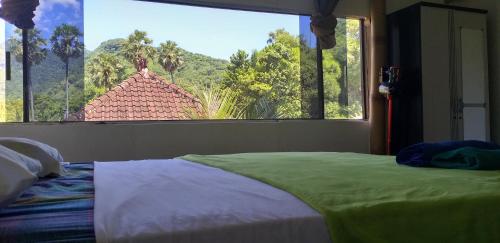 ein Schlafzimmer mit einem Bett und einem großen Fenster in der Unterkunft Amed View Guesthouse in Amed