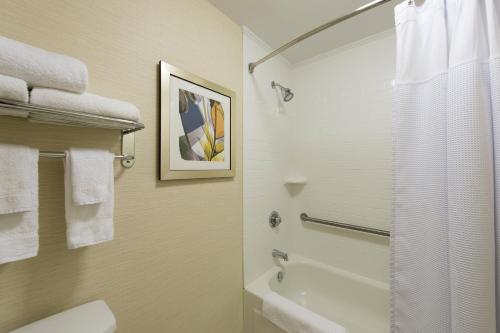 a bathroom with a shower and a toilet and a sink at Fairfield Inn Orangeburg in Orangeburg