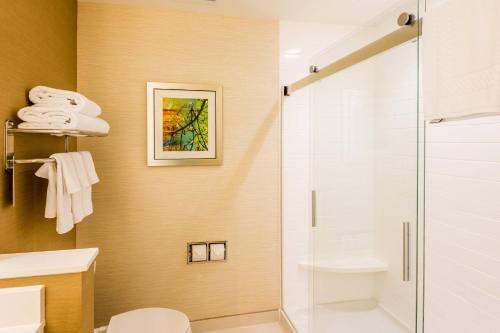 La salle de bains est pourvue d'une douche avec une porte en verre. dans l'établissement Fairfield Inn & Suites by Marriott Atlanta Fairburn, à Fairburn