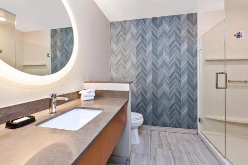 La salle de bains est pourvue d'un lavabo, de toilettes et d'un miroir. dans l'établissement Fairfield Inn & Suites by Marriott Kalamazoo, à Kalamazoo