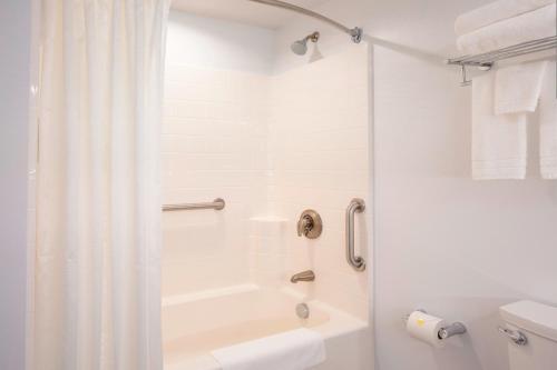 a bathroom with a tub and a shower with a shower curtain at Four Points by Sheraton Norwood Conference Center in Norwood
