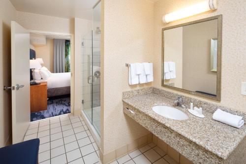 a hotel bathroom with a sink and a shower at Fairfield Inn and Suites by Marriott South Boston in South Boston