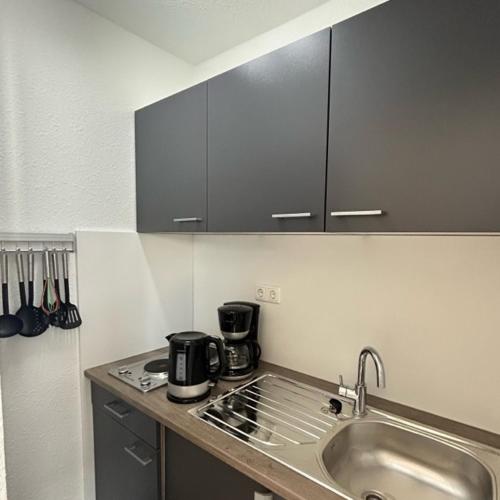 a kitchen with a sink and a counter top at Ferienpark Buntspecht Apartment A in Pruchten