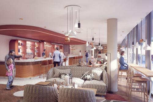 a rendering of a restaurant with people in the lobby at Sheraton Bordeaux Airport in Mérignac
