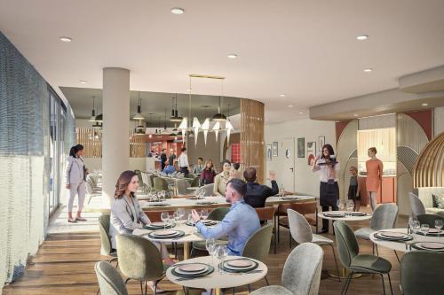 a rendering of a restaurant with people sitting at tables at Sheraton Bordeaux Airport in Mérignac