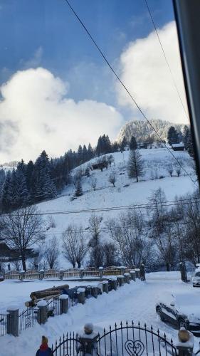 a snow covered field with a car on a road at Pensiunea Paula in Moieciu de Sus