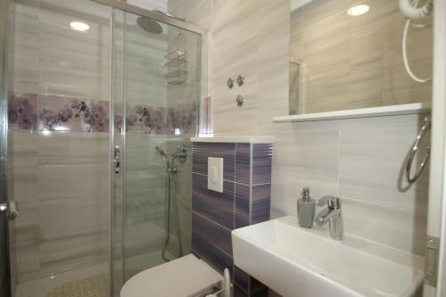 ein Bad mit einer Dusche, einem Waschbecken und einem WC in der Unterkunft Apartmani Villa Dijana-Promajna in Promajna