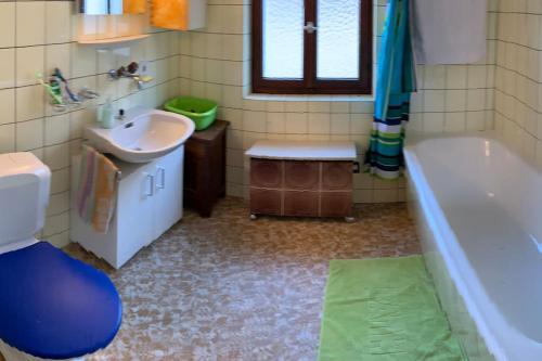 a bathroom with a tub and a sink and a toilet and a bath tub at Rustico Cà Laura in Brione