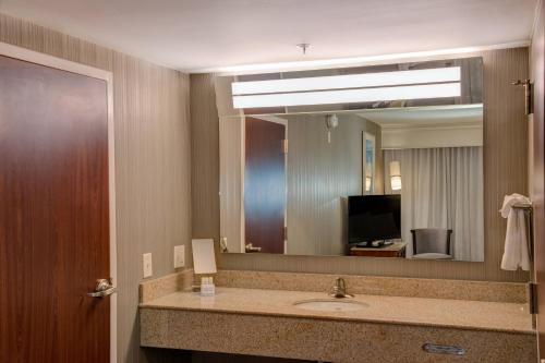 a bathroom with a sink and a large mirror at Courtyard Chapel Hill in Chapel Hill