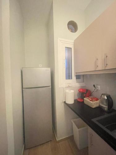 a kitchen with a refrigerator and a counter top at Hermes - Acropolis Residence Apartment in Athens