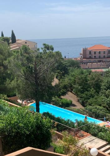 - une vue sur la piscine et l'océan en arrière-plan dans l'établissement Casatheoule, à Théoule-sur-Mer