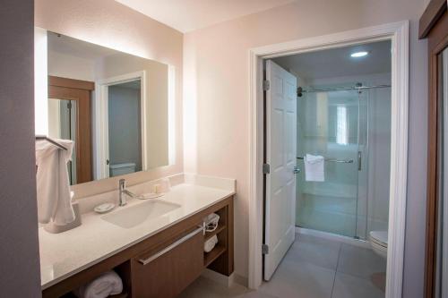 a bathroom with a sink and a glass shower at Residence Inn by Marriott Pensacola Downtown in Pensacola