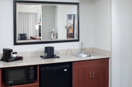 a bathroom with a sink and a microwave and a mirror at Courtyard by Marriott Hattiesburg in Hattiesburg