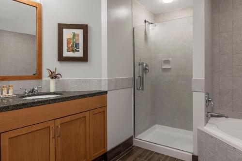 y baño con ducha y lavamanos. en Marriott Grand Residence Club, Lake Tahoe en South Lake Tahoe