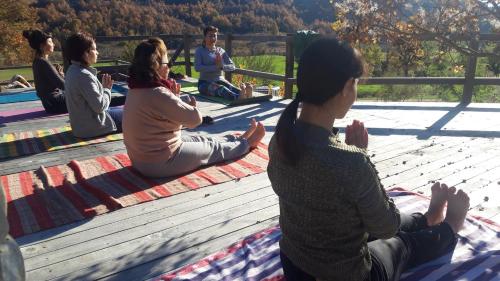 a group of people sitting on a bench doing yoga at Ferma Albanik in Këlcyrë