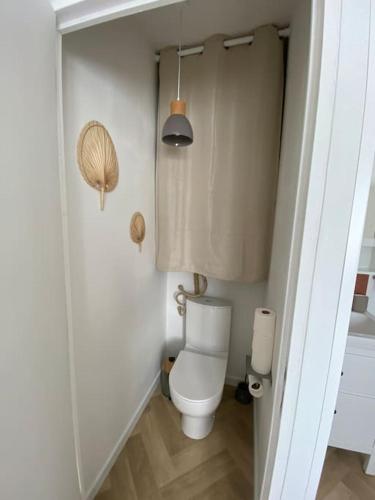 une salle de bain avec toilettes dans une petite pièce dans l'établissement Studio au calme St Marc sur Mer, à Saint-Nazaire