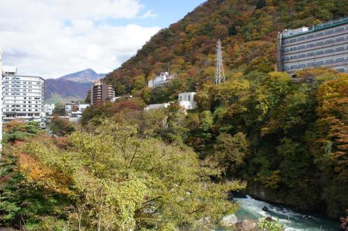 a view of a city with a river and a mountain at Hotel Shirakawa Yunokura in Nikko
