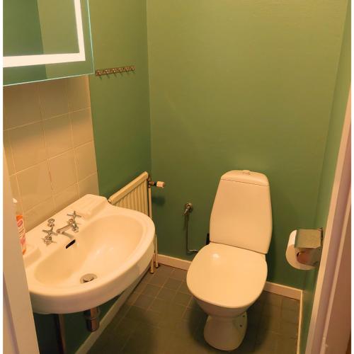 ein Badezimmer mit einem weißen WC und einem Waschbecken in der Unterkunft Brevensgården 
