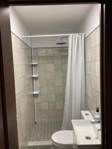a bathroom with a shower and a toilet and a sink at Casa Alora in Alora