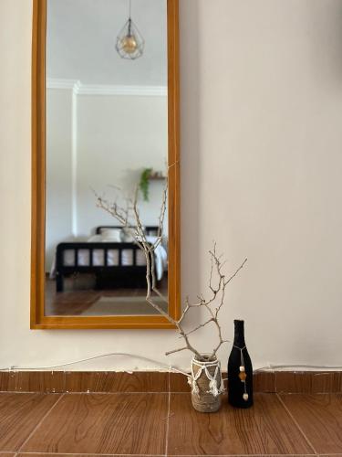 a mirror on a wall with a bottle and a vase at La Casa Guest House in Marsa Alam City