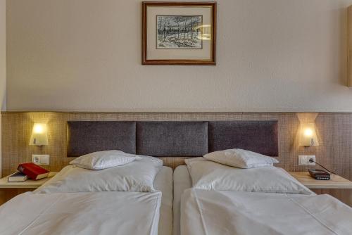 a bedroom with two beds and a picture on the wall at Kurpension Freudenstein in Bad Füssing
