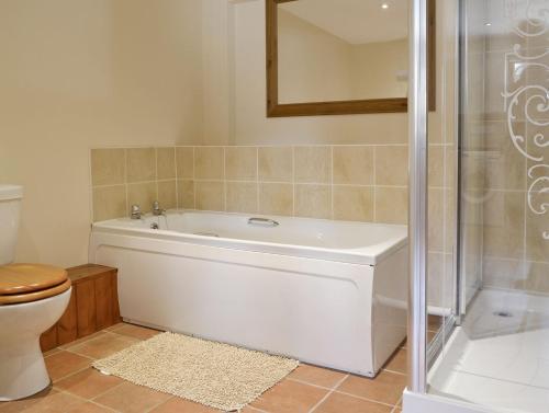 een badkamer met een bad, een toilet en een douche bij Pond Cottage - Ukc3736 in Bawdeswell