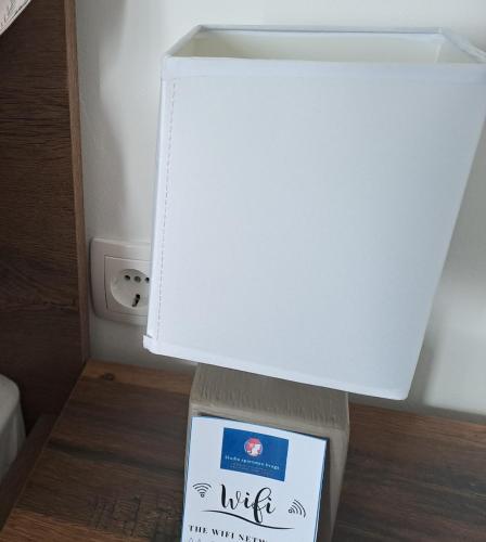 a box sitting on the floor next to a refrigerator at Studio apartman Draga in Velika Ludina