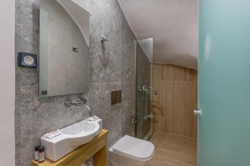a bathroom with a sink and a shower and a toilet at Luxurious villa Micha Mare - 14 Bedrooms in Roumelí