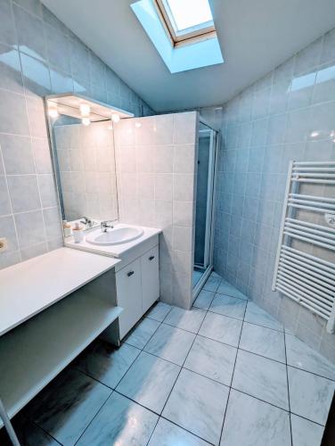 une salle de bain avec un lavabo et un miroir dans l'établissement maison de vacances 5 personnes, à LʼOie