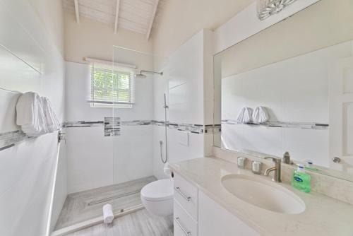 a white bathroom with a sink and a toilet at Hullabaloo in Saint James