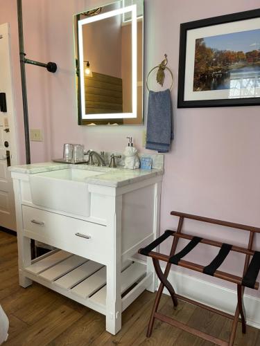 a bathroom with a white sink and a mirror at Carriage House Bed & Breakfast in Winona