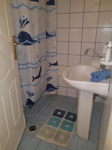 a bathroom with a sink and a shower curtain at Under the Red Rock and View Studio in Áyioi Apóstoloi