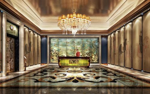 a large room with a chandelier and a floor at Wanda Vista Nanning in Nanning