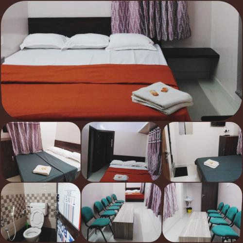 a collage of photos of a bedroom with a bed at Rainbow Comforts in Chikmagalūr