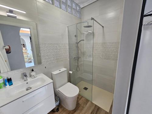 a bathroom with a shower and a toilet and a sink at Casa Elizabeth in Palomares del Río