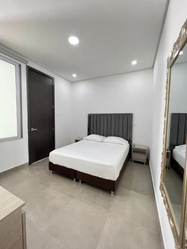 a bedroom with a large bed and a mirror at Hotel Emerawaa Centro Historico in Ríohacha