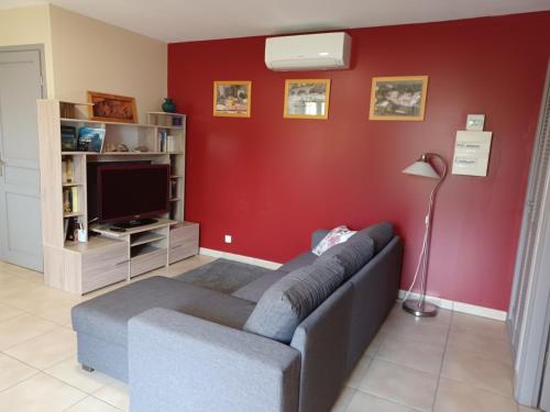 sala de estar con sofá y pared roja en Appartement entre Sisteron et Gorges de la Méouge " Les Hauts de Toscane ", en Ribiers