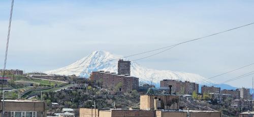 a snow covered mountain in the background of a city at Luxury Apartment, 2 bedrooms and 1 living room in Avan in Yerevan