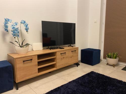 a television on a wooden entertainment center in a living room at Apartament Daszyńskiego in Suwałki