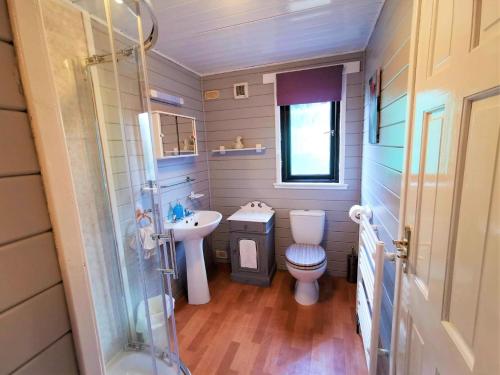 Baño pequeño con aseo y lavamanos en Glen Roe - 3 Bed Lodge on Friendly Farm Stay with Private Hot Tub, en New Cumnock