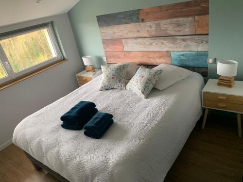 een slaapkamer met een bed met twee blauwe kussens erop bij Le Relais de la Fontaine & Jacuzzi in Montcornet