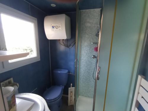 uma casa de banho azul com um chuveiro e um WC em CHALET em La Guierche