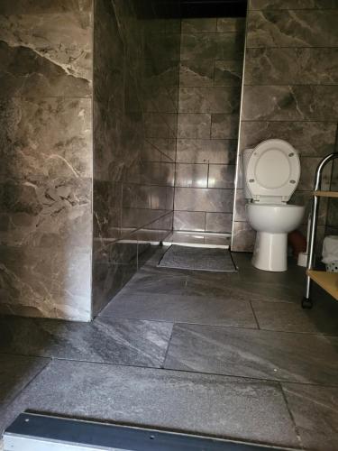 a bathroom with a toilet and a stone wall at Cozzy 2 roooms with 2 beds in Bradford