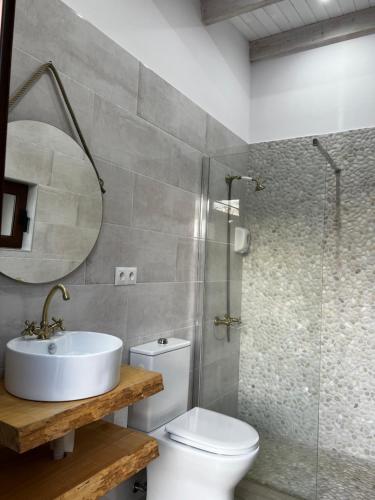 uma casa de banho com um WC, um lavatório e um chuveiro em Vivienda turística Las 3 A em El Ojuelo