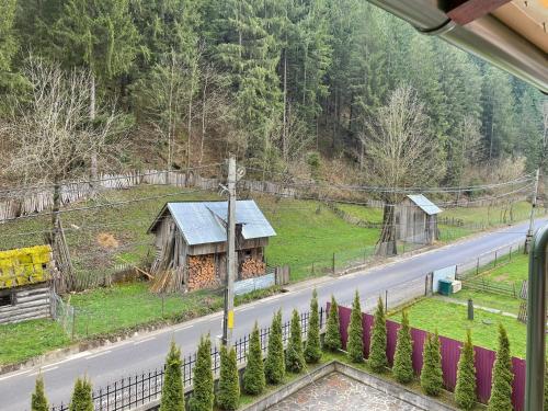 Blick auf eine Straße mit einem Haus an der Seite in der Unterkunft Pensiunea Pe drumuri de munte in Borca