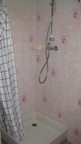 a pink tiled bathroom with a shower with a tub at super T2 in Blanquefort